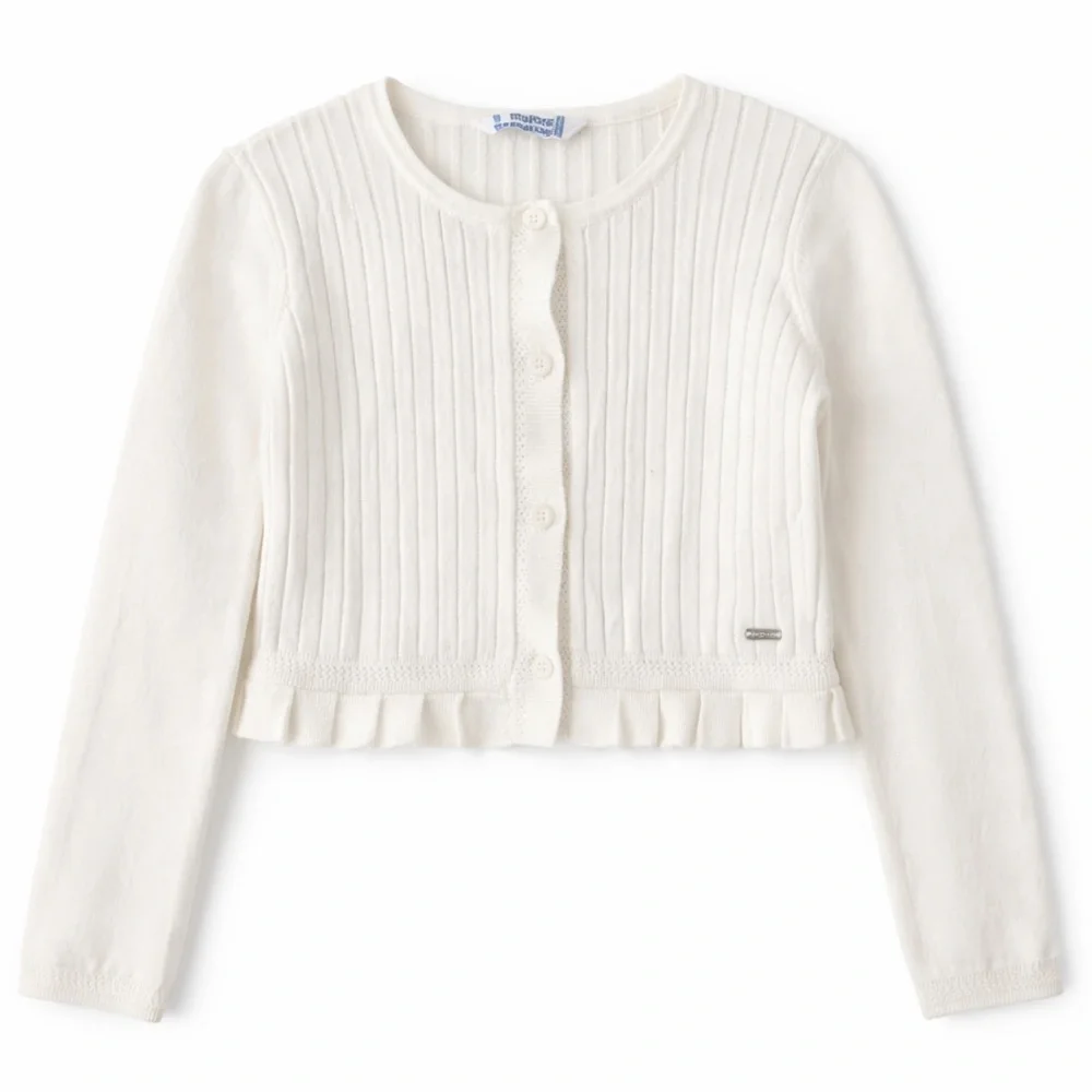 Mayoral | Ribbed Knit Cropped Cardigan with Ruffle Hem | Size 4